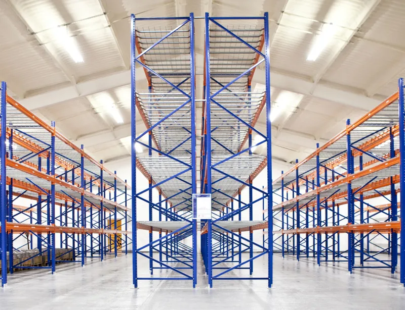 Warehouse storage racking in a clean, bright facility
